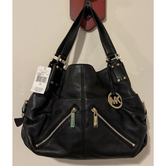 Michael Kors Portland Black Leather Large Shoulder Tote Purse Gold Trim NEW!M001
